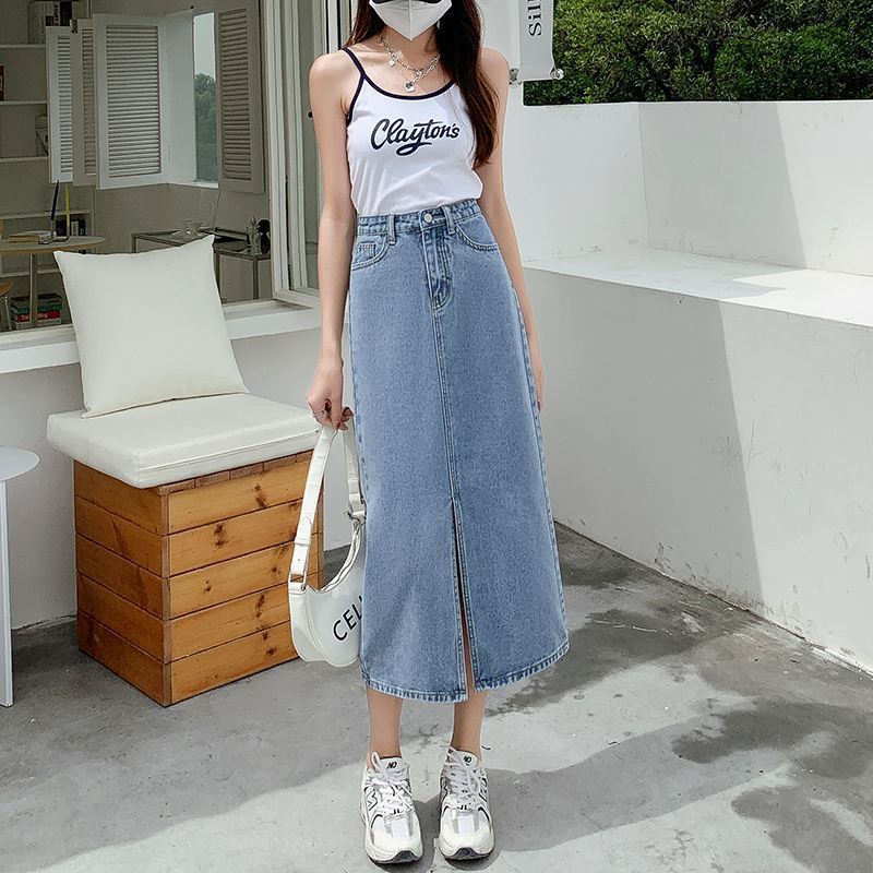 High Waist Slit Denim Skirt for Women 2023 New Summer A- line Skirt Package Hip Skirt Small Pear-Shaped Dress