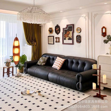 法式复古真皮沙发设计师新款中古风黑色云朵大小户型创意皮艺沙发