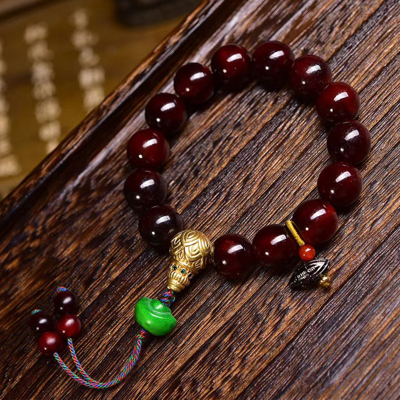 天然血山龟文玩手串单圈藏式男女款老铜擦擦配珠复古手链饰品批发