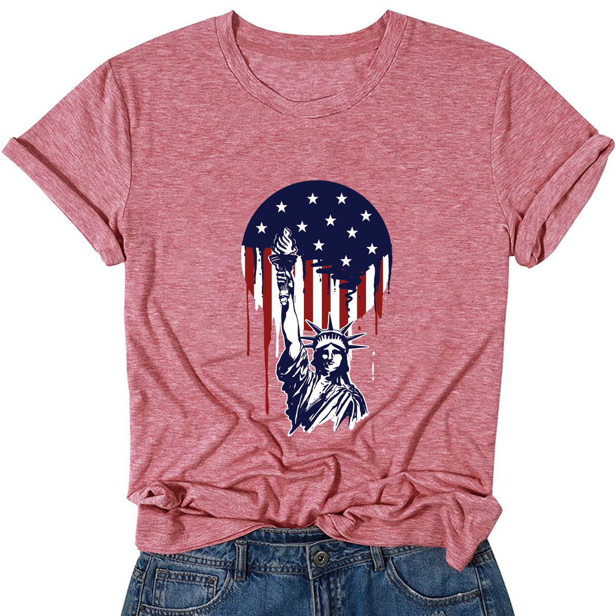 独立站外贸女装美国独立日自由女神像印花女士t恤跨境上衣圆领