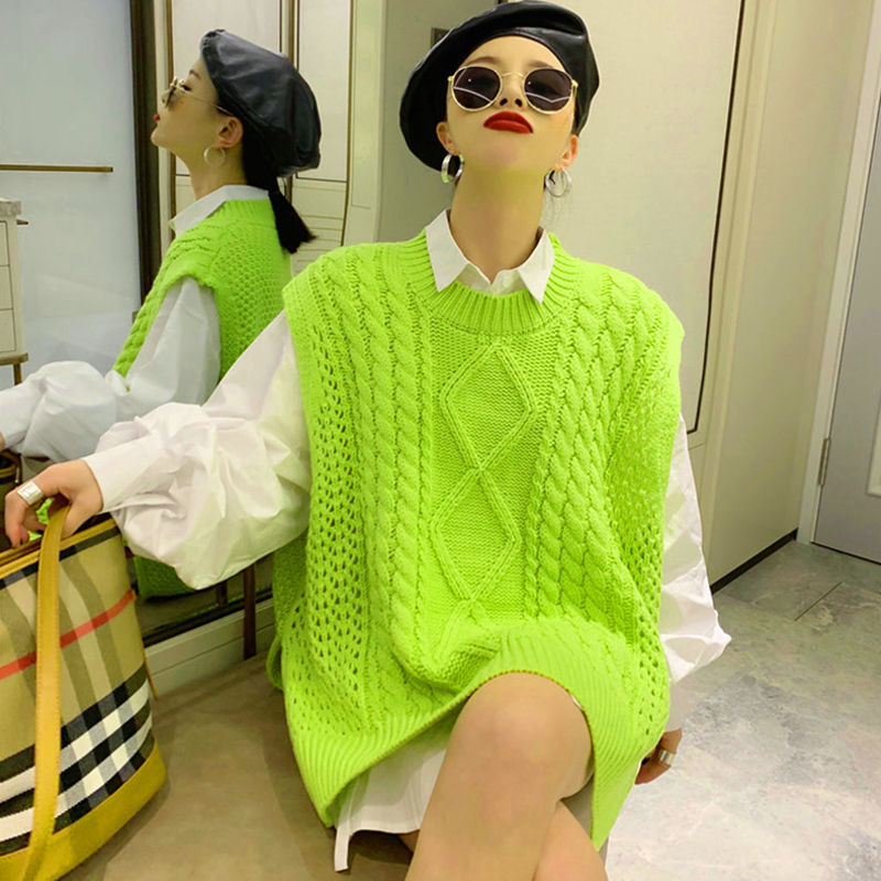 秋冬毛衣女宽松学生马甲ins背心无袖纯色大码外穿针织衫韩版坎肩