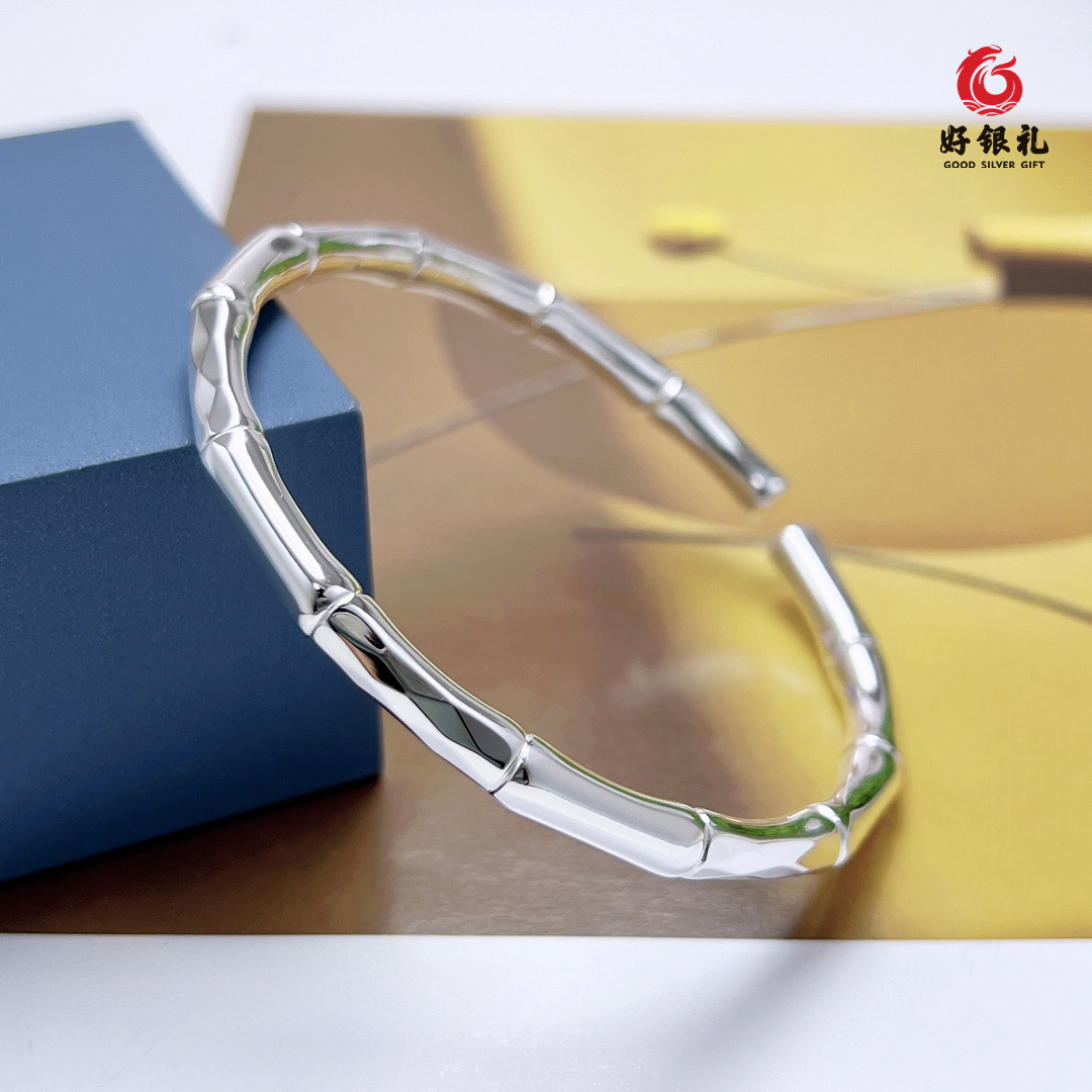 精品9999纯银竹节手镯女原创小众设计开口简约足银手环生日送礼物