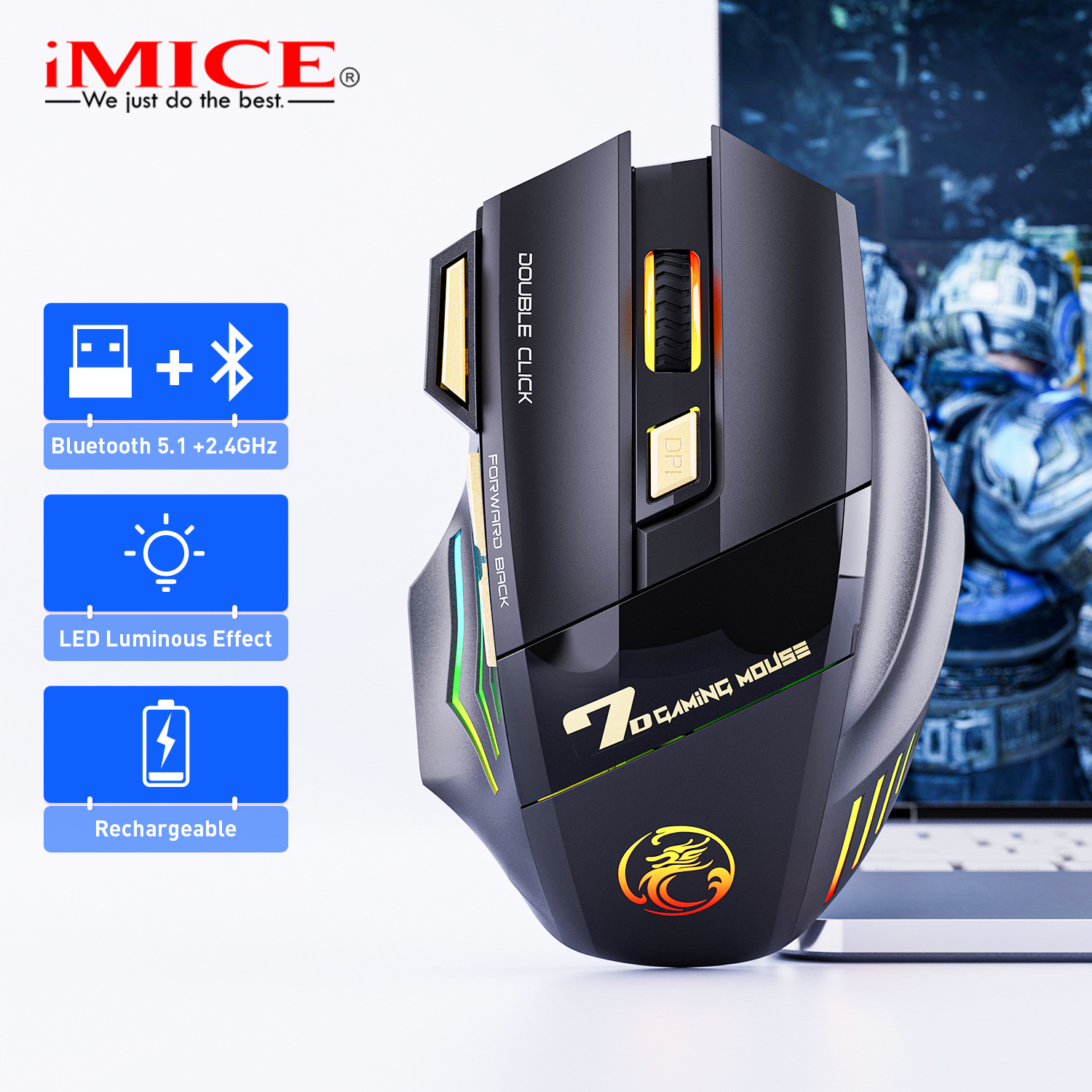 imice factory direct supply 7-button double-click-free 2.4g mute rechargeable colorful breathing light wireless game mouse