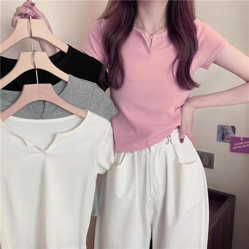 Short Women's Summer Design Sense Pink Slim-Fit Navel Hot Girl Women's T-shirt Short Sleeve 2023 Summer New Clothes