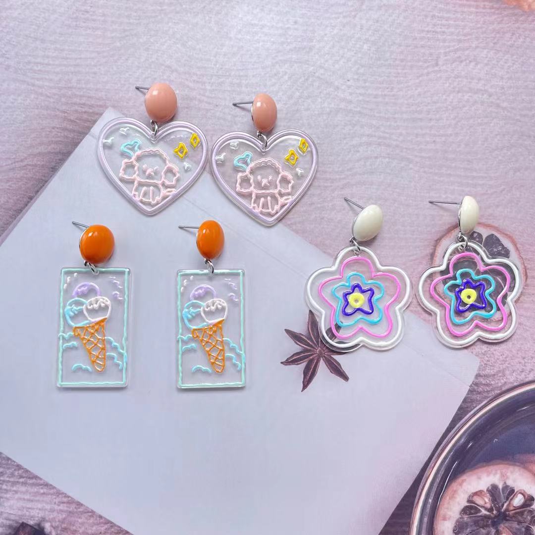 2023925 Silver Needle Hyuna Same Style Fresh Three-Dimensional Printing Transparent Acrylic Earrings Korean Simple Earrings