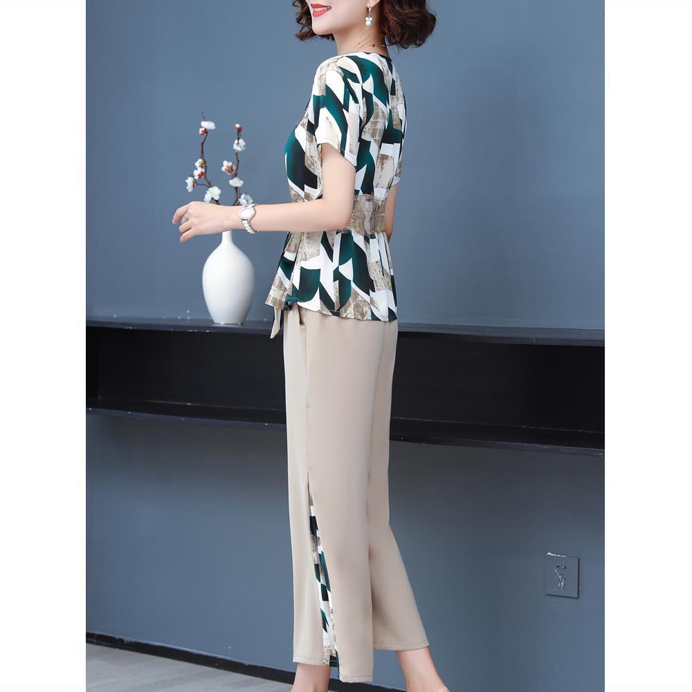 2023 Middle-Aged Mom Summer Clothes Women's Chiffon Shirt Short-Sleeved Two-Piece Suit Middle-Aged Wide-Leg Pants Fashion Suit plus Size