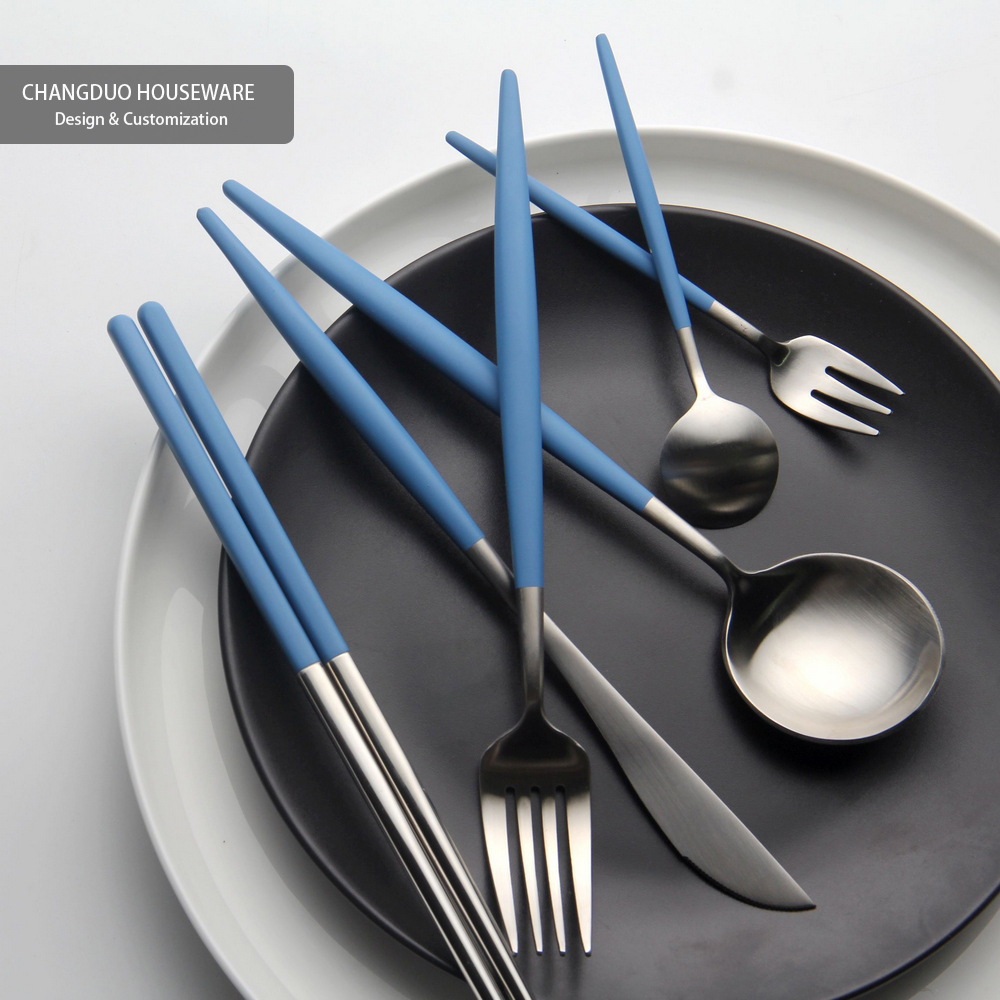 尼加拉蓝色-尖柄刀叉勺筷子304不锈钢牛扒厂家批发创意韩式西餐具