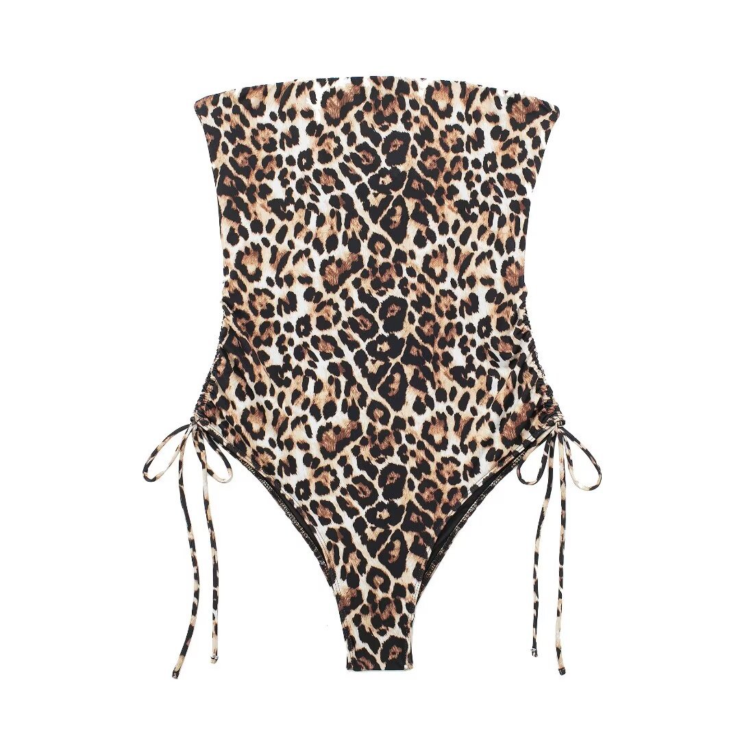 欧美风外贸女装24年夏季新时尚修身豹纹印花抹胸抽绳修身连体衣泳