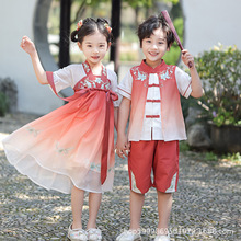 中国风儿童唐装夏男童汉服短袖女童旗袍民国服装幼儿园表演服校服