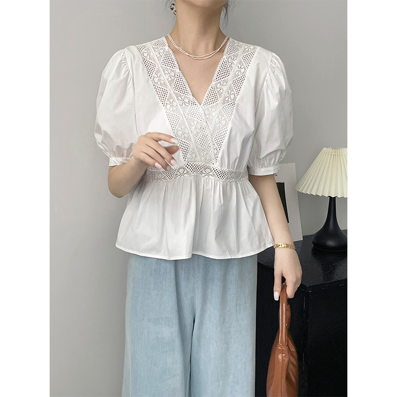 Taochuan [White Moonlight Shirt] Gentle Lace Stitching Shirt Women's Korean Style Hollow Thin Waist-Controlled Top 2258