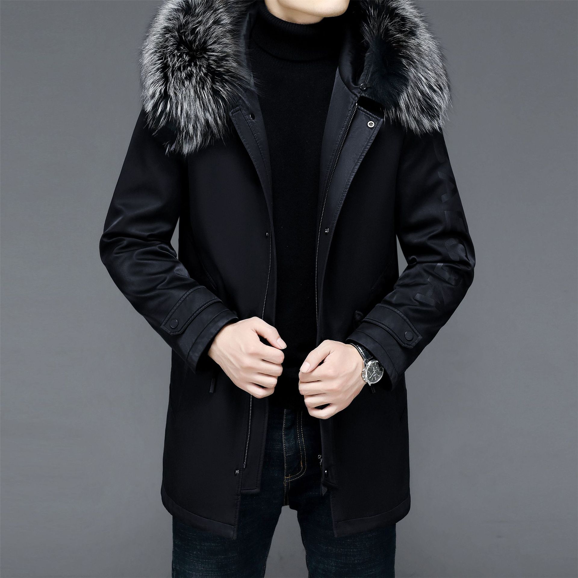 恒源祥羽绒服男中长款可拆卸狐狸毛领冬季白鹅绒加厚派克服外套