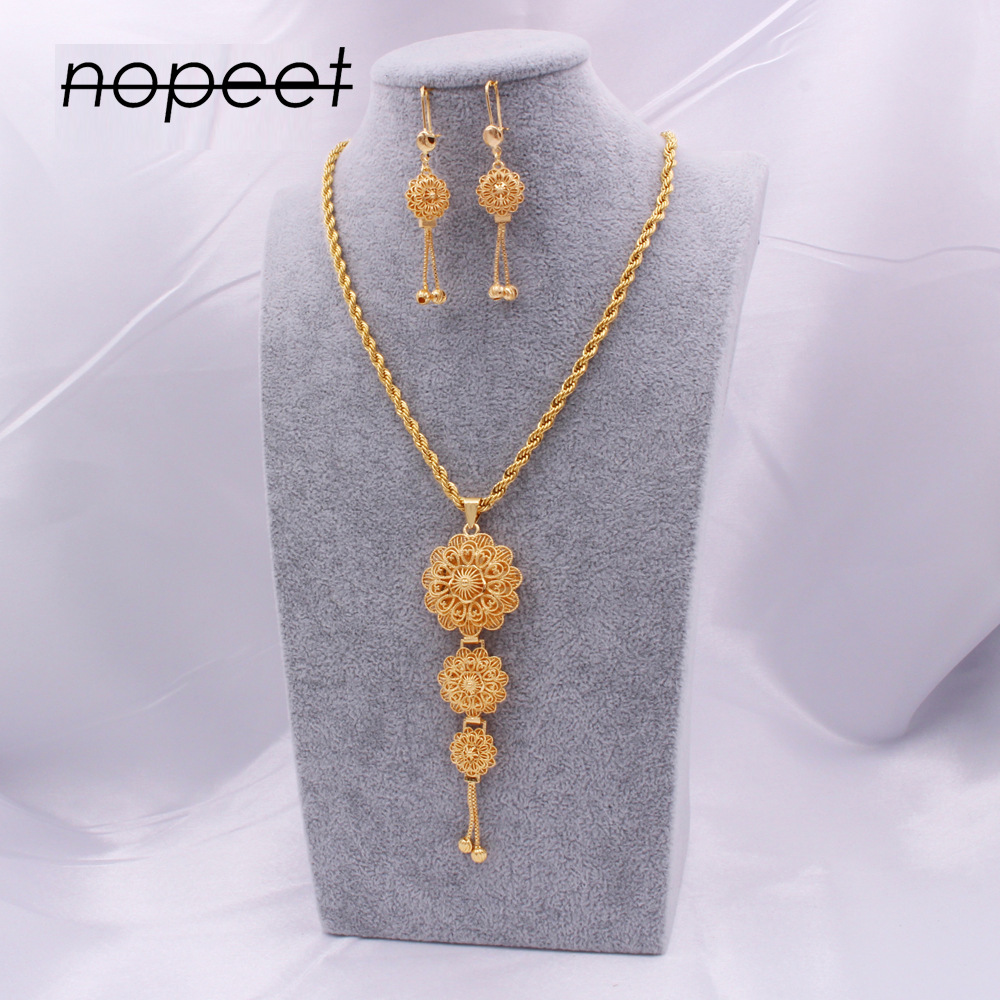 nopeet迪拜黄金首饰套装非洲印度新娘结婚饰品项链耳环戒指三件套