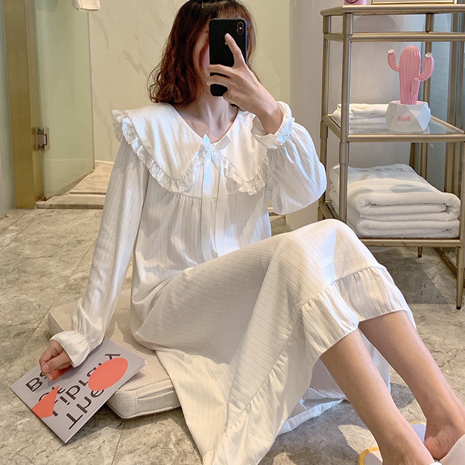 睡裙女春秋长袖可爱甜美仙女宫廷风早秋薄款公主风娃娃领长款睡衣