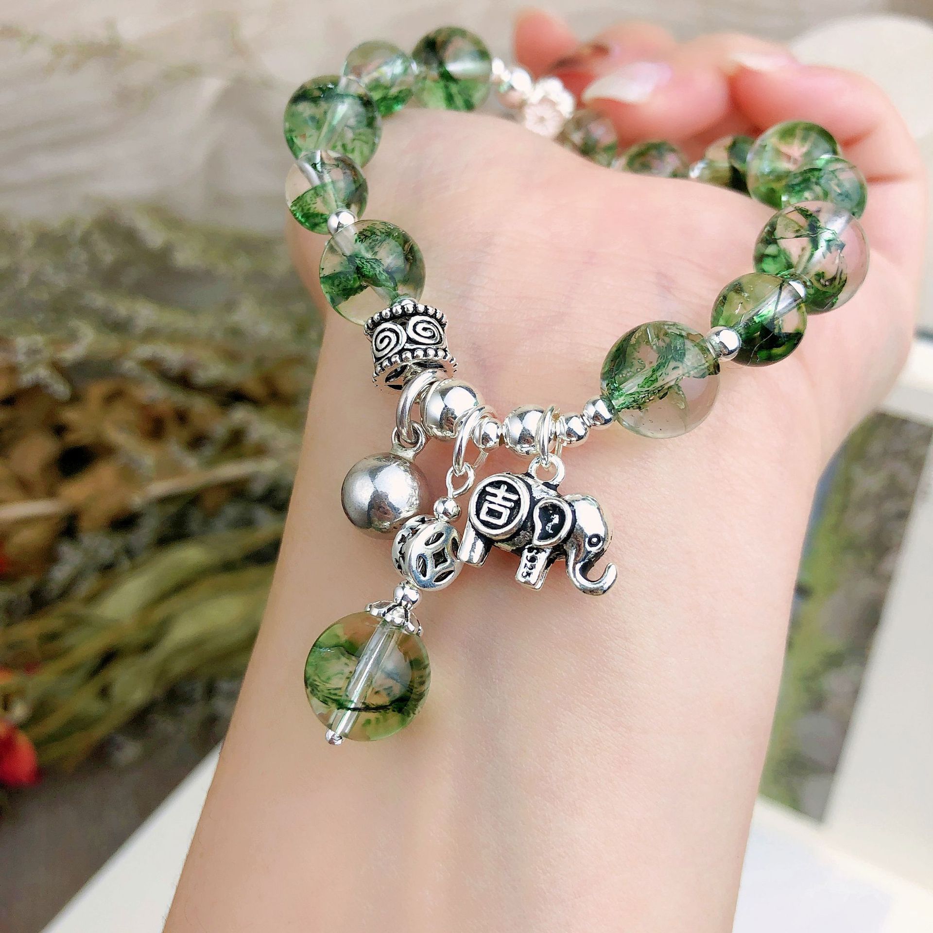 新款凤羽幽灵单圈手链女s925银大象吊坠个性气质显白手工diy手串