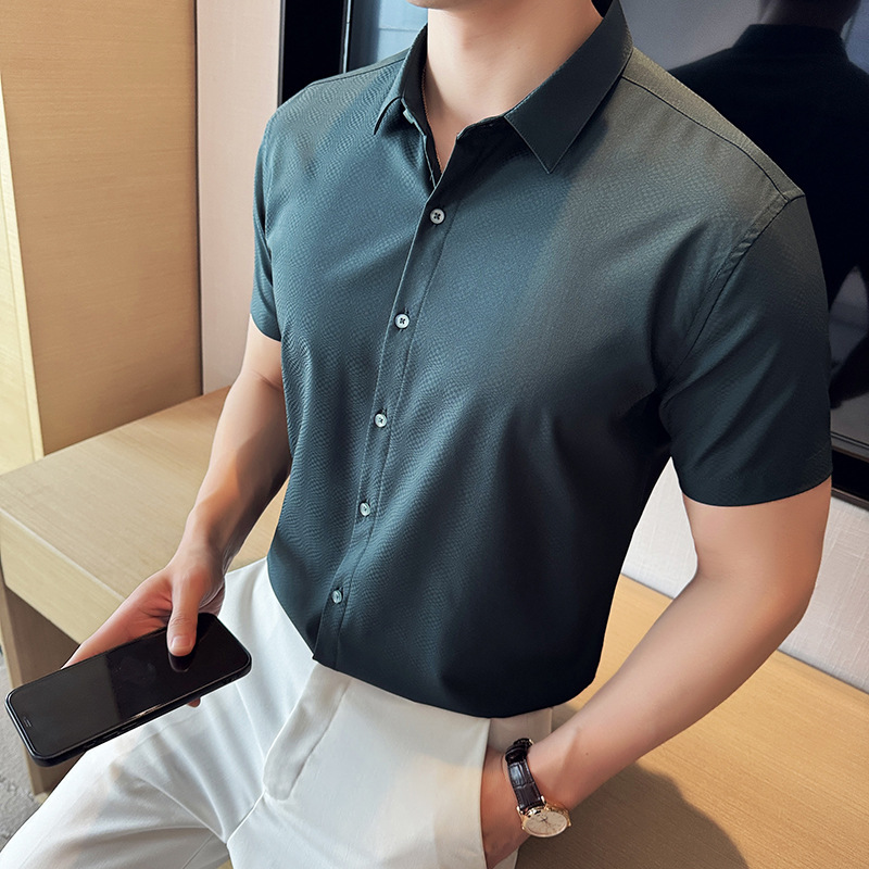 外贸批发男士新款高级感冰丝弹力提花短袖衬衫修身免烫衬衣打底衫