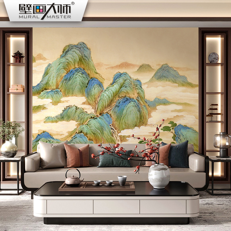 6r国画青绿山水墙纸新中式电视背景墙壁纸客厅壁布沙发影视墙布壁