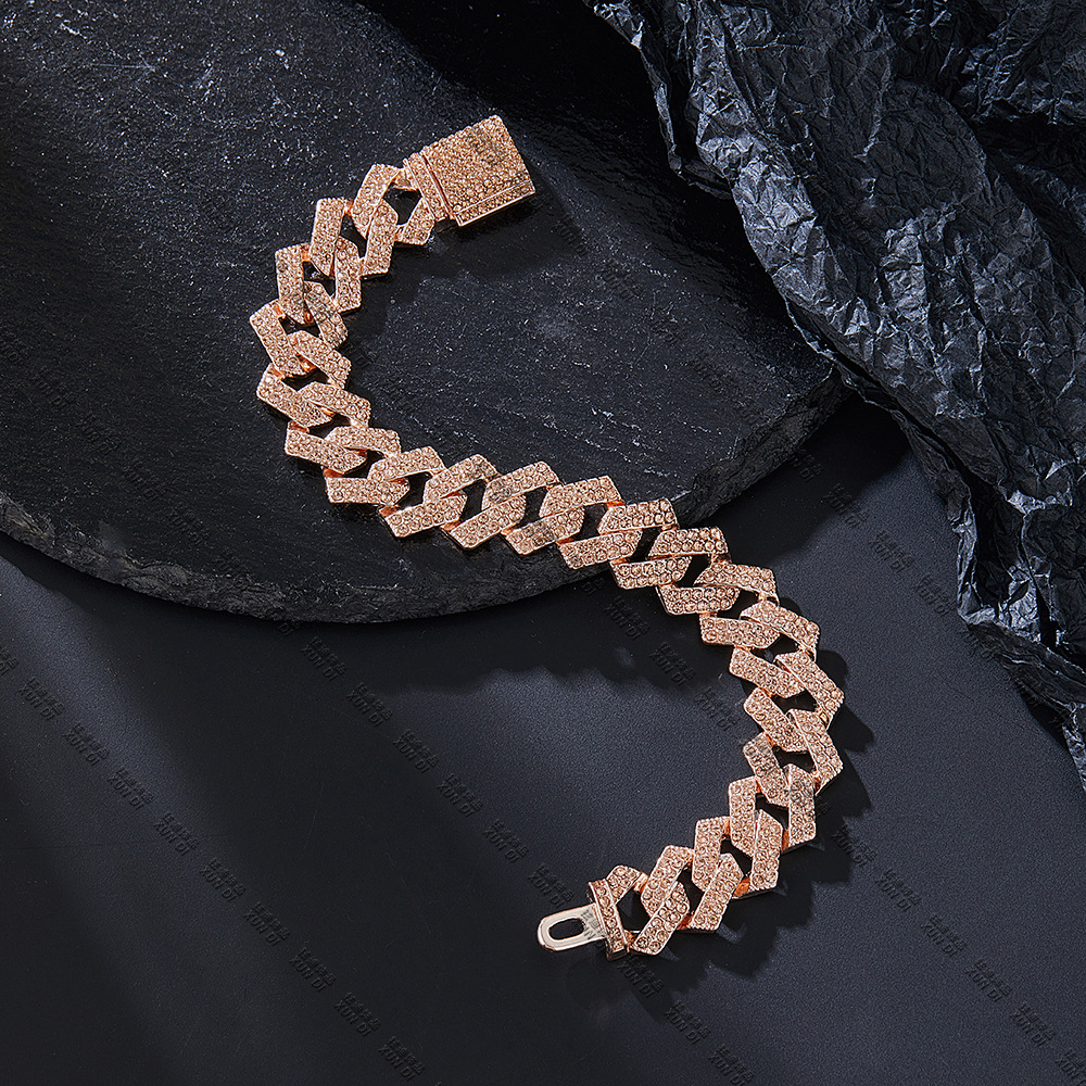 Hip Hop Style 15mm Cuban Link Chain Diamond Alloy Rhinestone Champagne Cuban Bracelet European and American New One Piece Dropshipping