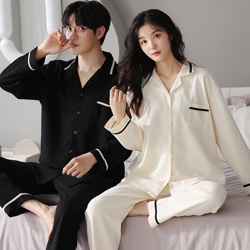 New Spring and Autumn Couple Pajamas Women's Autumn Cotton Cardigan Men's Lapel Long-Sleeved Trousers Home Wear Suit Casual Home