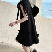 无袖背心黑色连衣裙子女装2024夏季新款海边度假小个子赫本风短裙