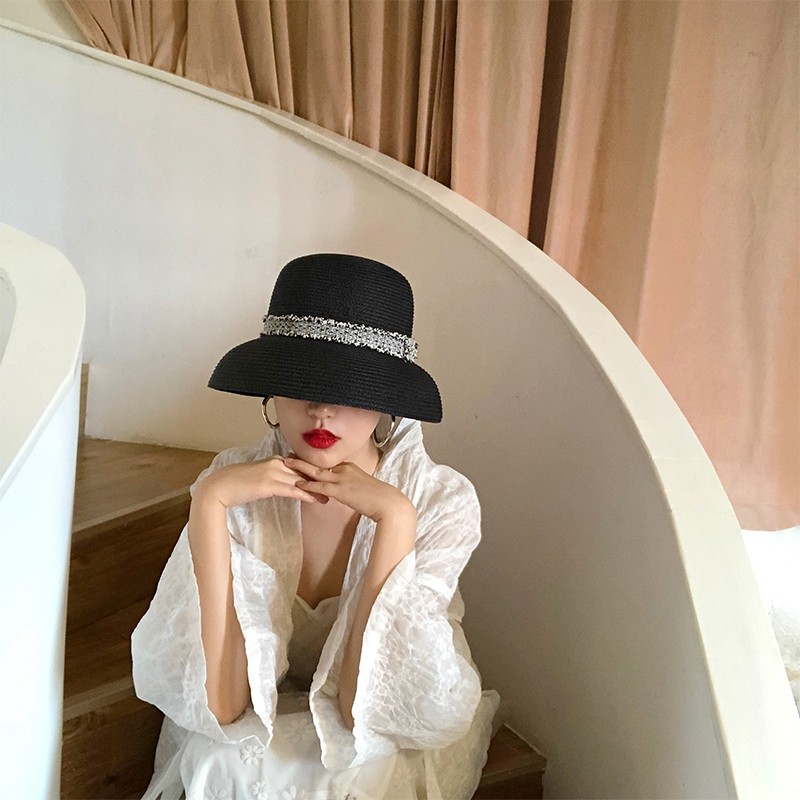 Black French Style Hepburn Hat Women's Summer Fashion Korean Sun Hat Sun Protection Straw Sun Hat Elegant and Generous Top Hat