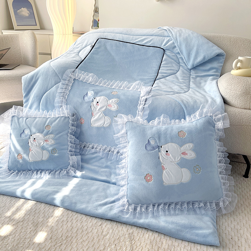 公主风蕾丝花边抱枕被两用二合一加绒加厚午睡被子可收纳靠垫被