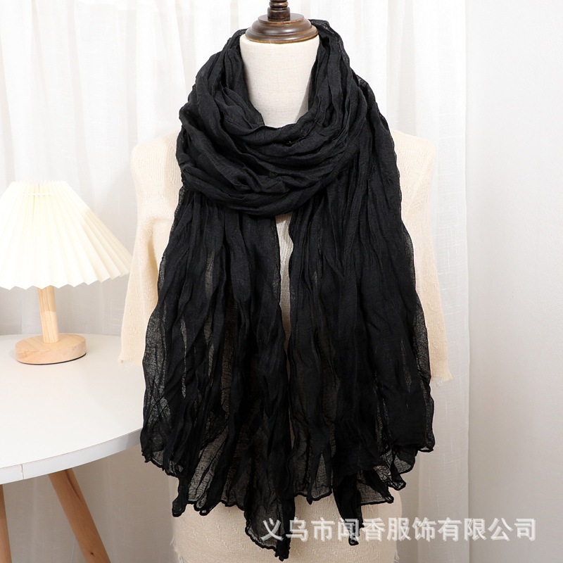 Pure Color Cotton and Linen Pleated Scarf Artistic Vintage Scarf Women's Autumn and Winter Wild Cold-Proof Scarf Outer Sunscreen Shawl