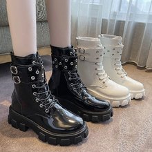 欧美跨境厚底系带马丁靴女英伦风2024冬季新款保暖加绒机车靴ebay