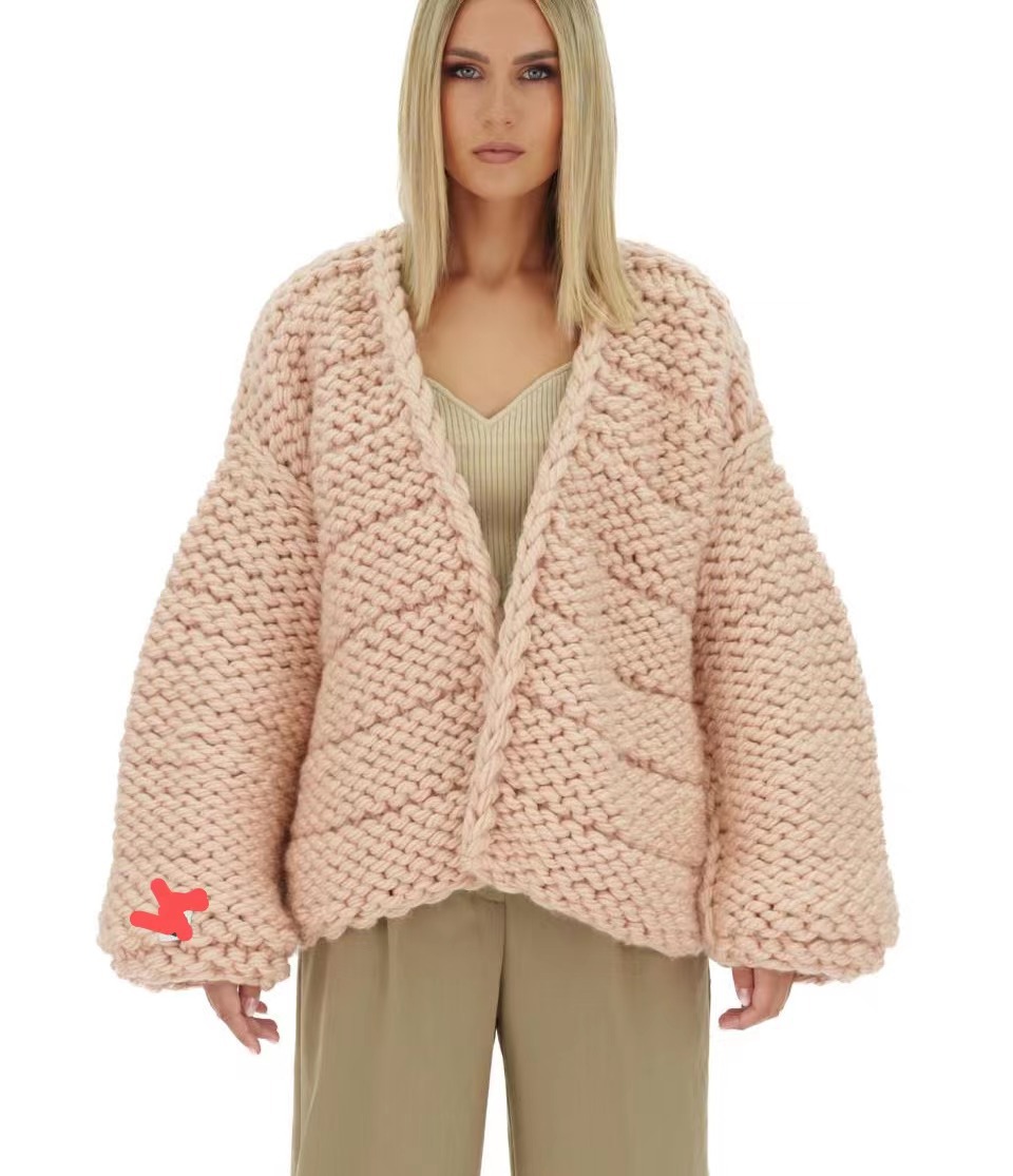 2022新款欧美跨境时尚宽松慵懒风纯手打粗针棒针毛衣外套开衫女