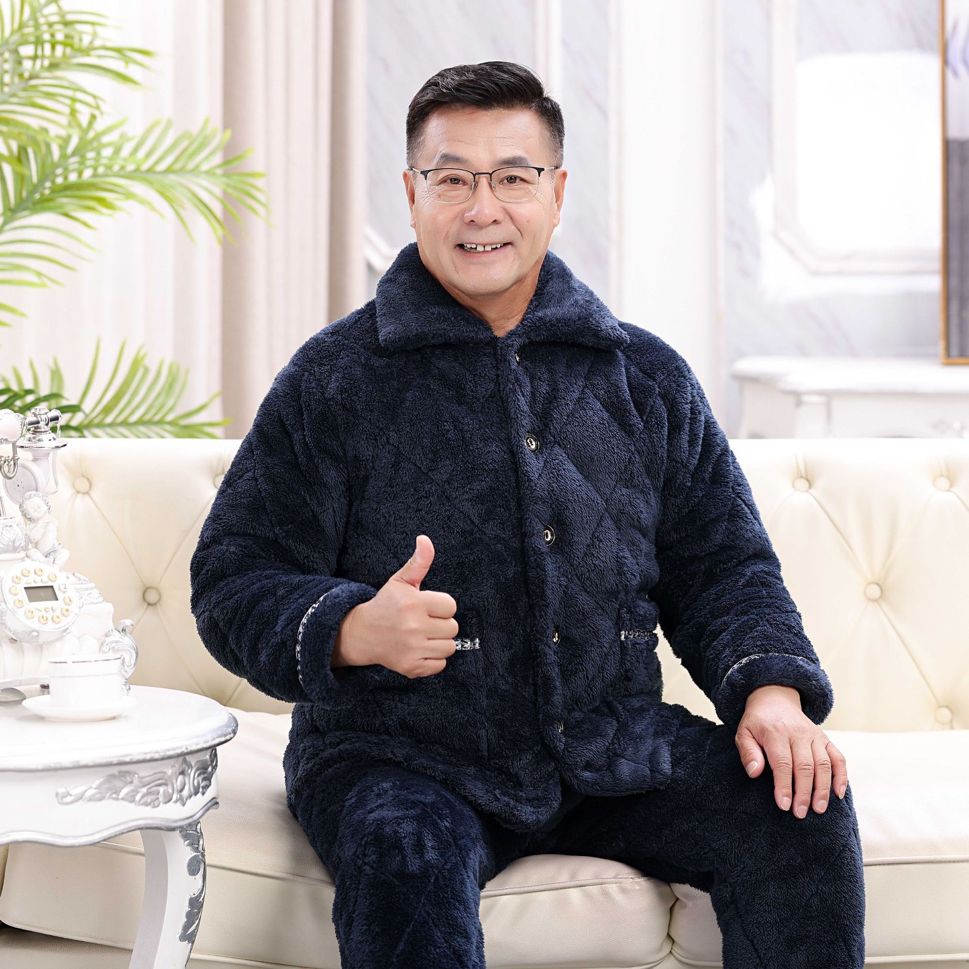 睡衣男冬季中老年人保暖三层夹棉加厚防寒加绒爸爸可外穿棉袄套装
