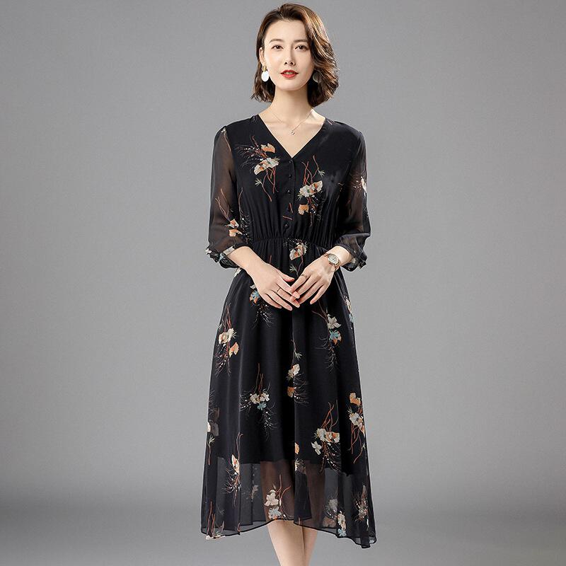 重磅真丝连衣裙中长款2022夏新款宽松缕空印花高端桑蚕丝大牌裙子