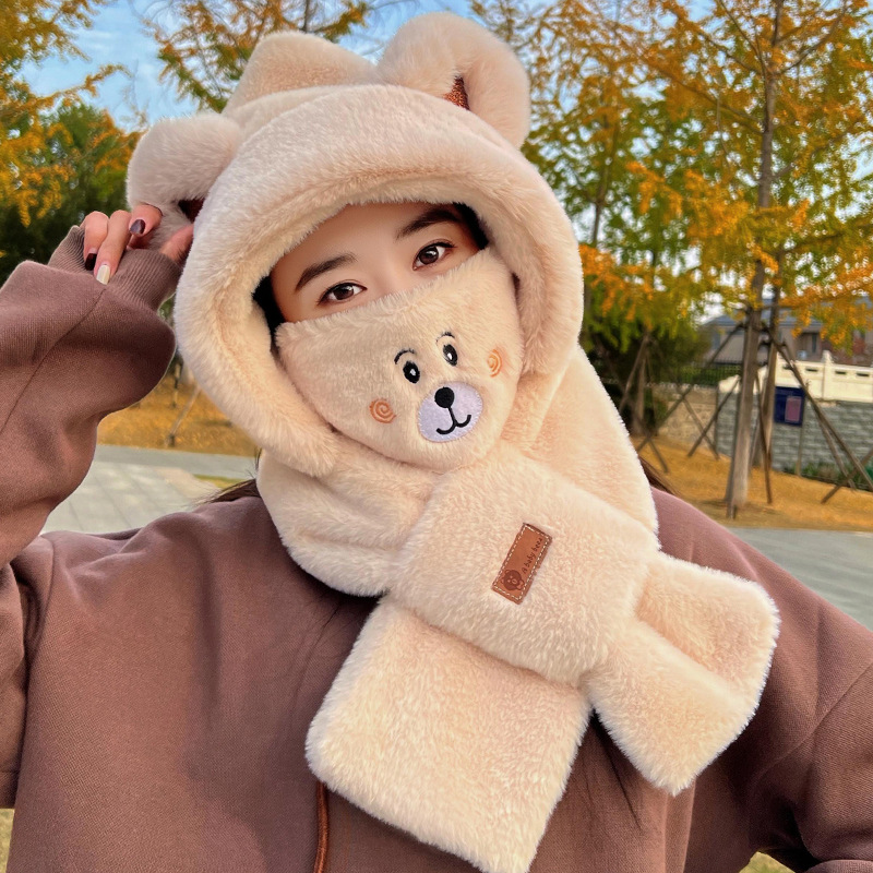 Bear Hat Scarf Integrated Female Autumn and Winter All-Matching 2023 Cycling Cute Warm Hooded Plush Scarf Hat