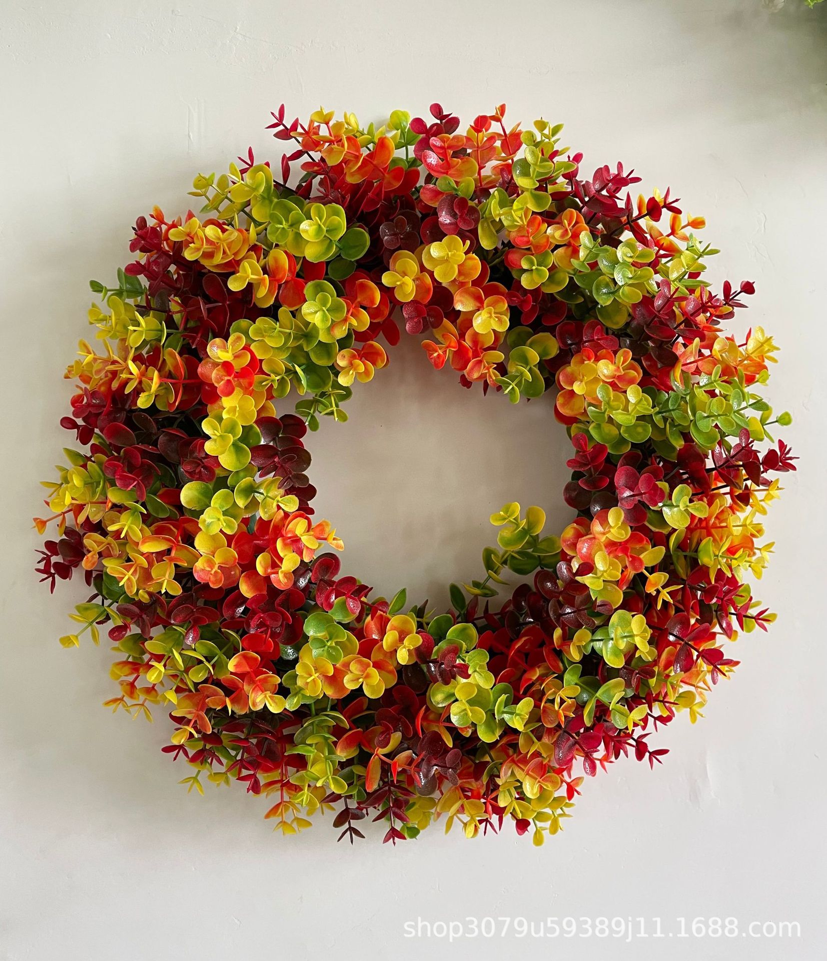 跨境货源秋季仿真花环植物家居装饰花门挂摄影道具彩色尤加利花环