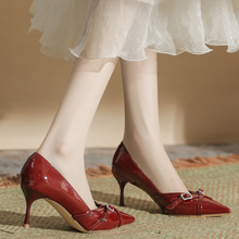 本命年红色高跟鞋交叉一字带水钻扣法式轻奢女鞋外穿单鞋女