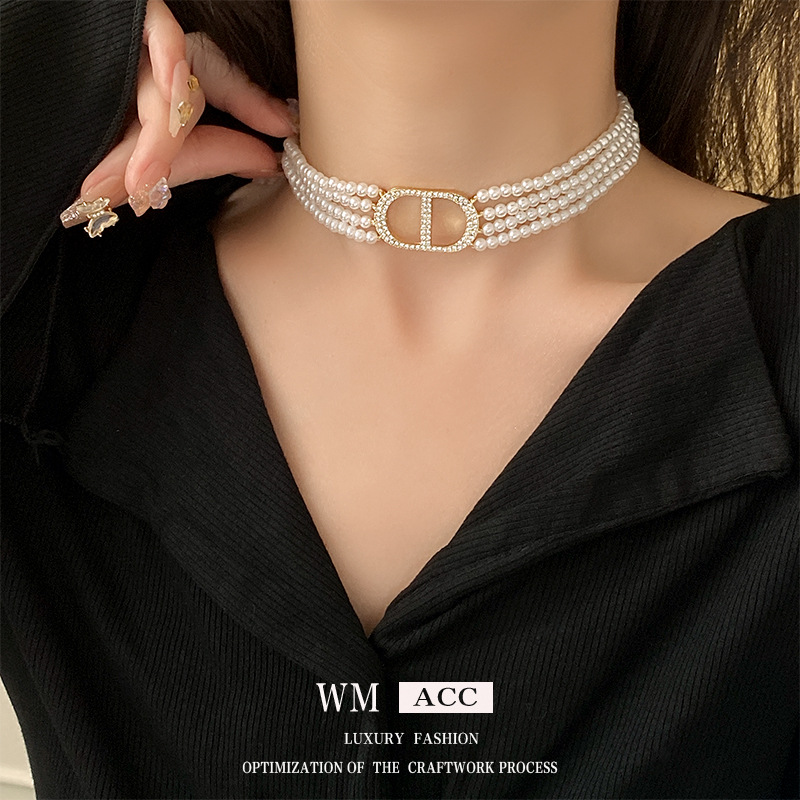 Diamond Letters Pearl Multi-Layer Necklace French Elegance Clavicle Chain Light Luxury High Sense Necklace Female Wholesale