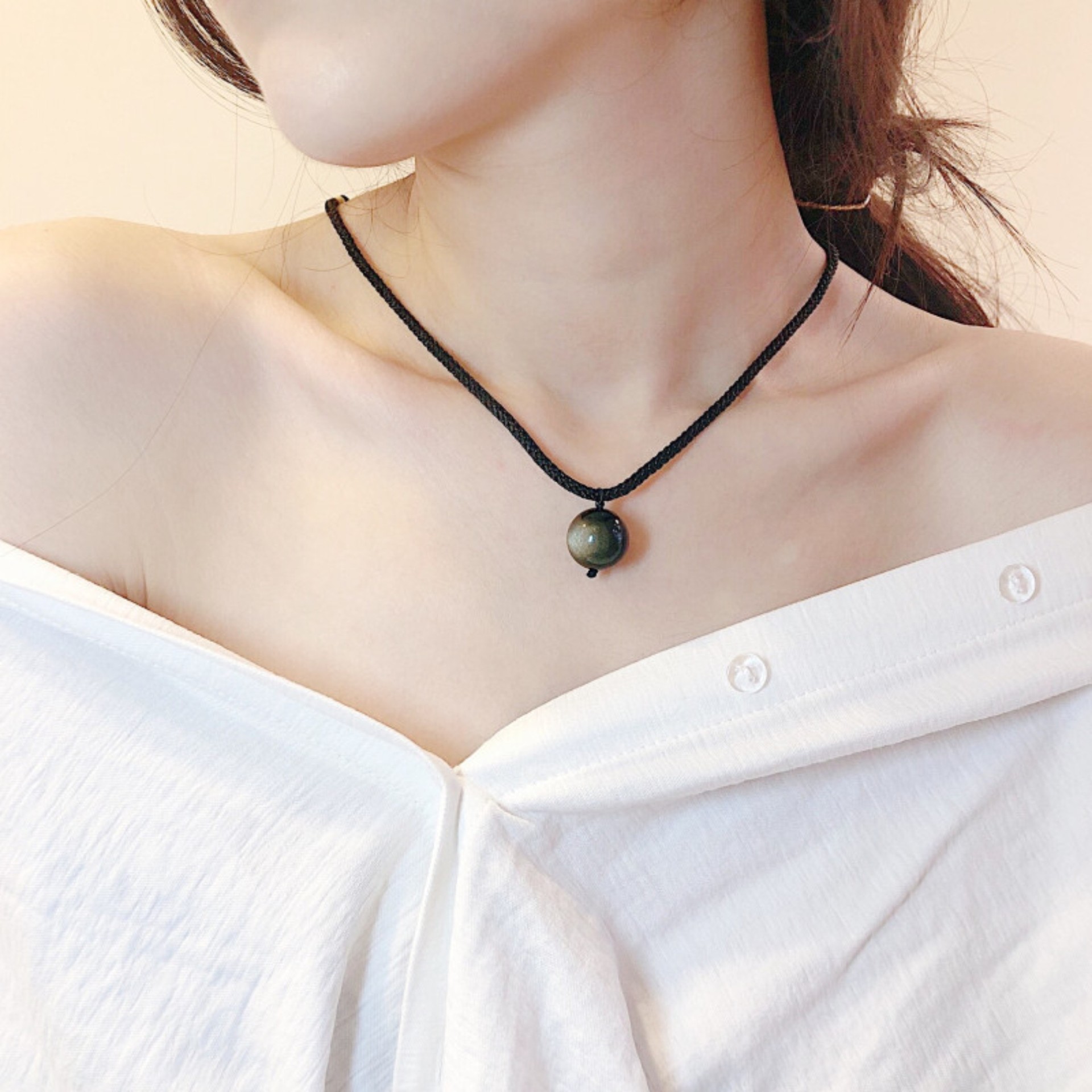 黑曜石项链女吊坠男潮情侣锁骨链转运珠编织绳黑色绳子不掉色原创