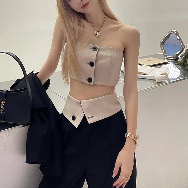 现货ff5辣妹抹胸小背心拼接长裤西装外套上衣女时髦女团三件套装