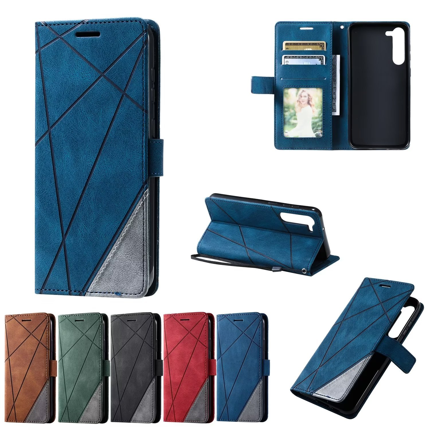 适用于三星s23皮套 谷歌8pro拼接撞色磨砂插卡钱包皮套 小米13t