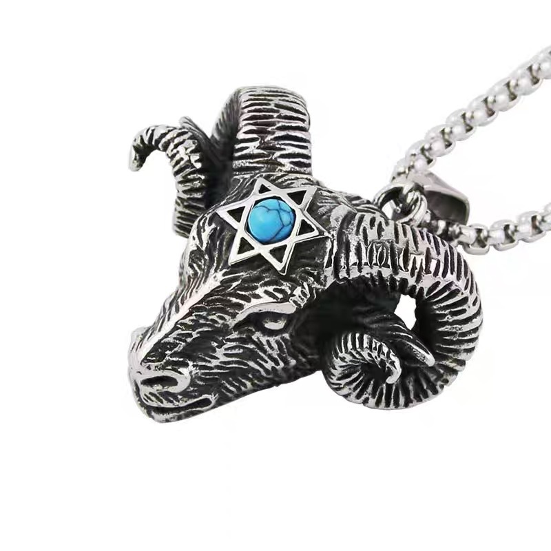 复古朋克撒旦公羊头吊坠钛钢男生潮人个性项链暗黑风六芒星挂坠