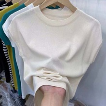 冰丝针织T恤女短袖袖宽松大码夏季韩版2024新款薄款白色打底上衣