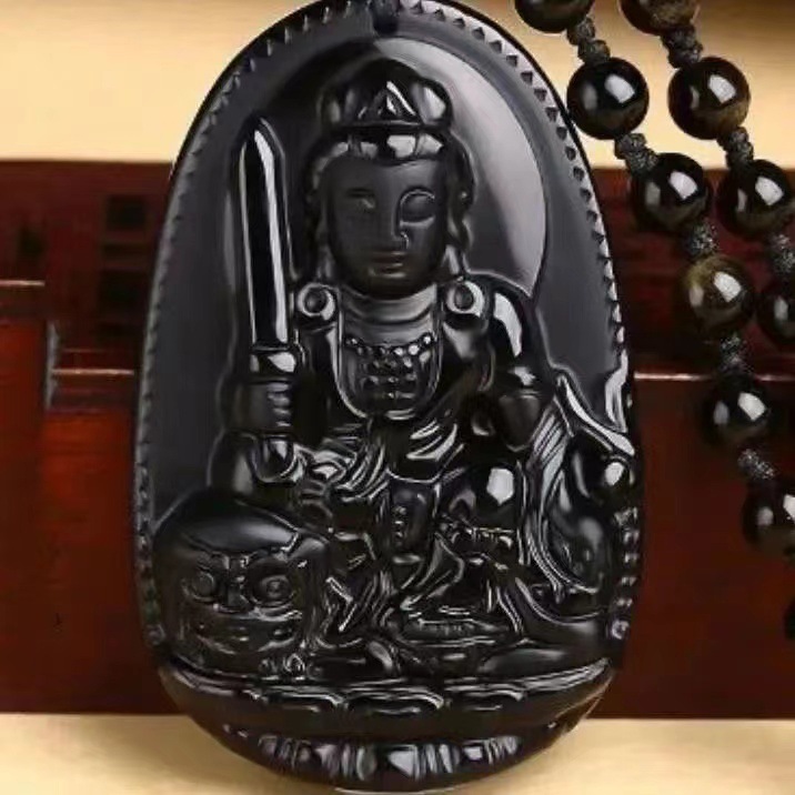 工厂批发天然精品黑耀石生肖守护神项链情侣转运护身项链直播供