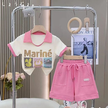 女童夏季新款亲子装撞色洋气网红烫钻撞色T恤+粉色甜美短裤套装