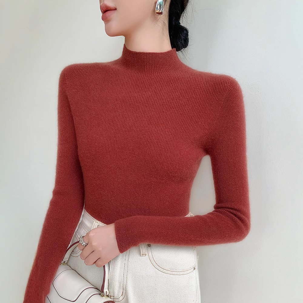 秋冬无缝一体羊毛衫女内搭针织衫修身显瘦气质半高纯色羊毛打底衫