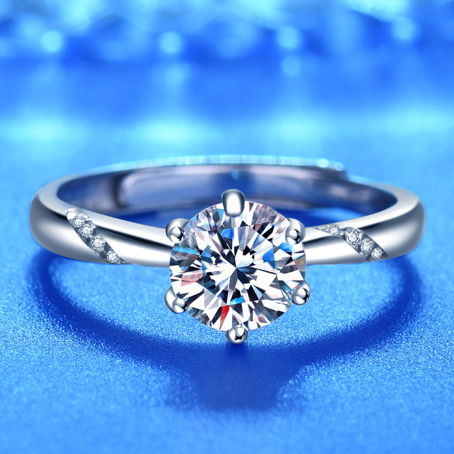 新款莫桑石戒指纯银s925一克拉六爪开口女戒结婚情侣礼物小众韩版