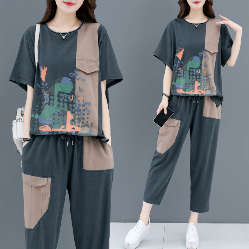 中年妈妈夏装短袖印花拼接撞色运动服两件套大码女装宽松休闲套装