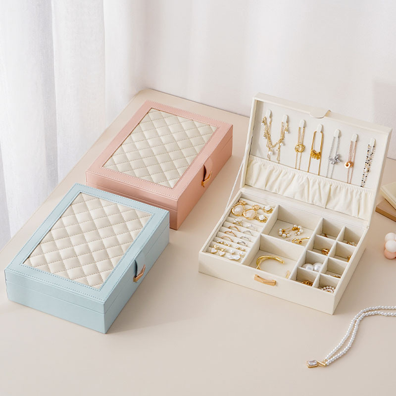 轻奢菱格纹首饰收纳盒搭扣大容量饰品首饰盒珠宝耳钉项链首饰箱
