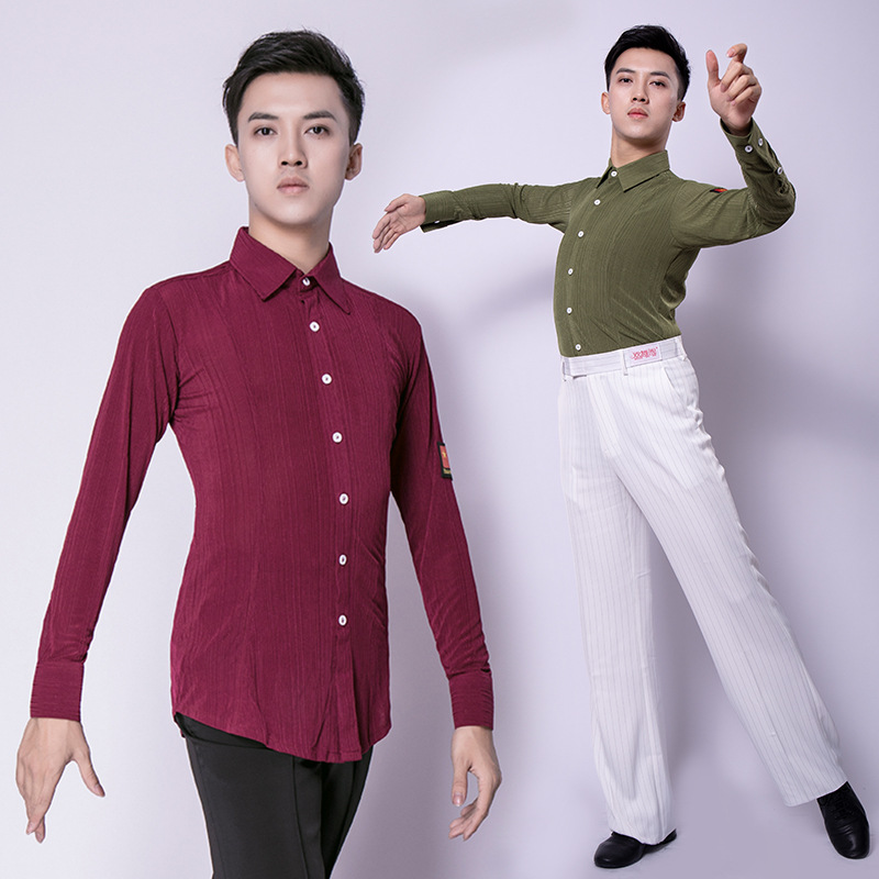 舞蹈服装新款男士成人国标交谊舞上衣摩登拉丁舞练功表演衬衫