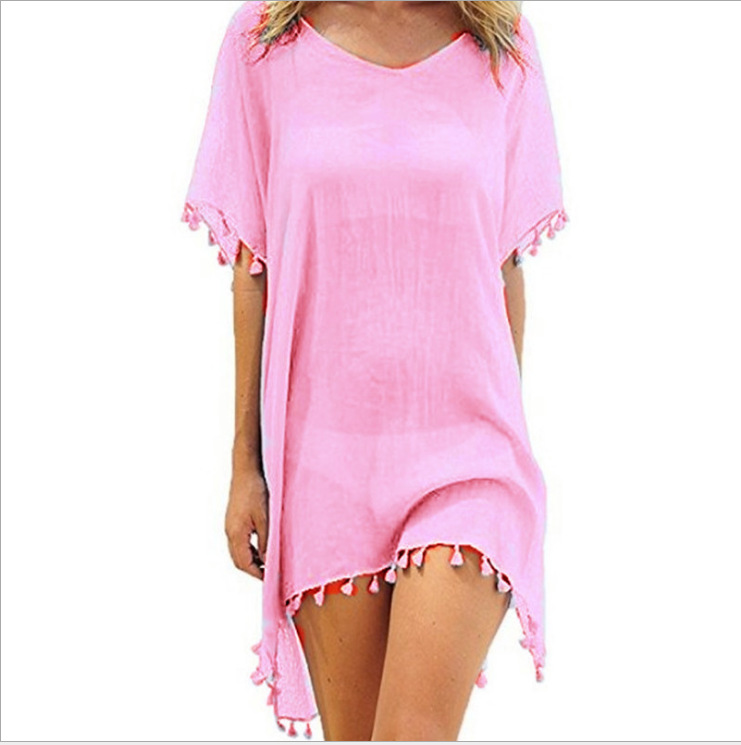 Amazon Summer Women's Foreign Trade round Neck Chiffon Tassel Dress Large Size Loose Beach Cover-up Factory in Stock