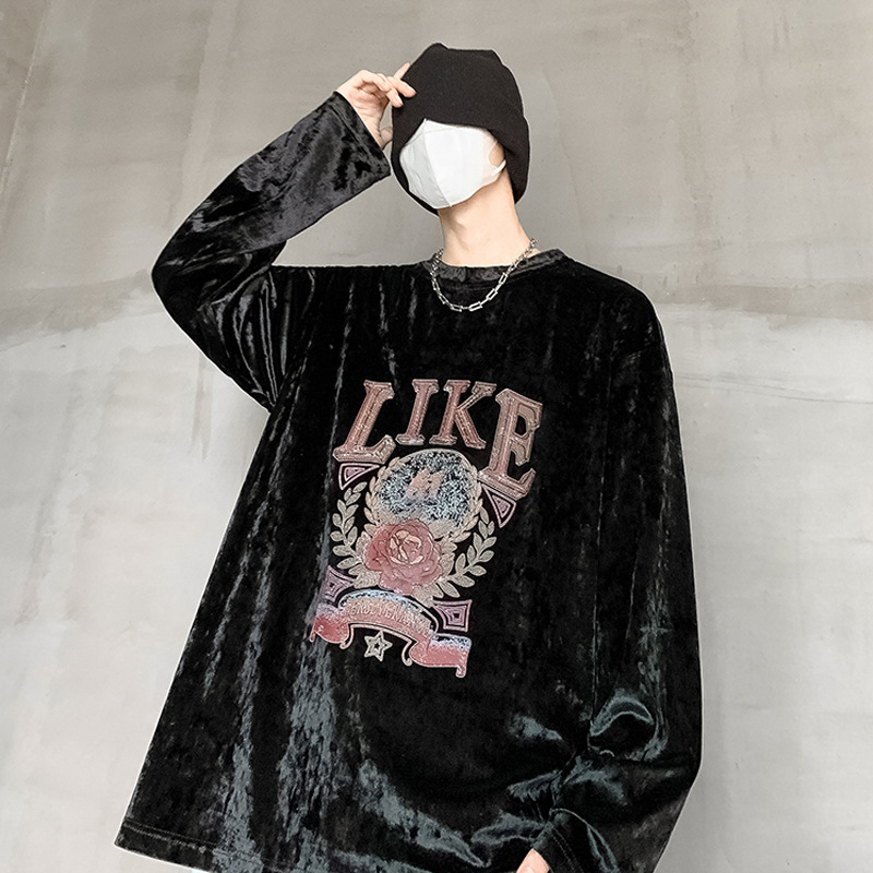 珀斯人男士大码长袖t恤帅气圆领套头打底衫春季青年高街印花上衣