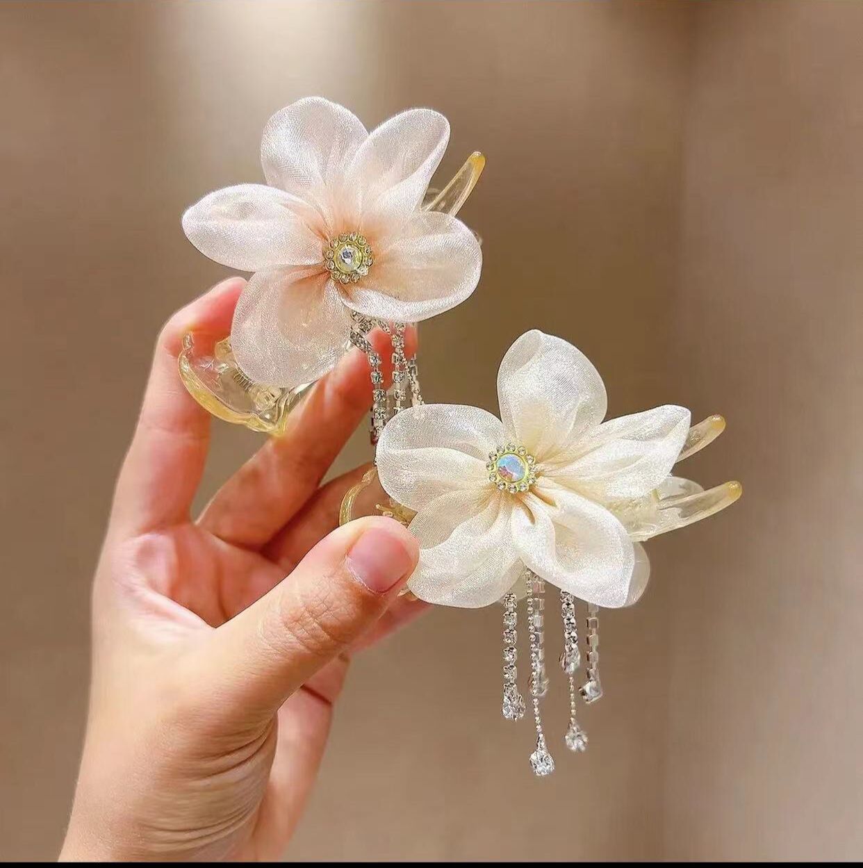 新款网纱水钻流苏发夹女后脑勺绢沙花朵发卡顶夹头饰五瓣花抓夹