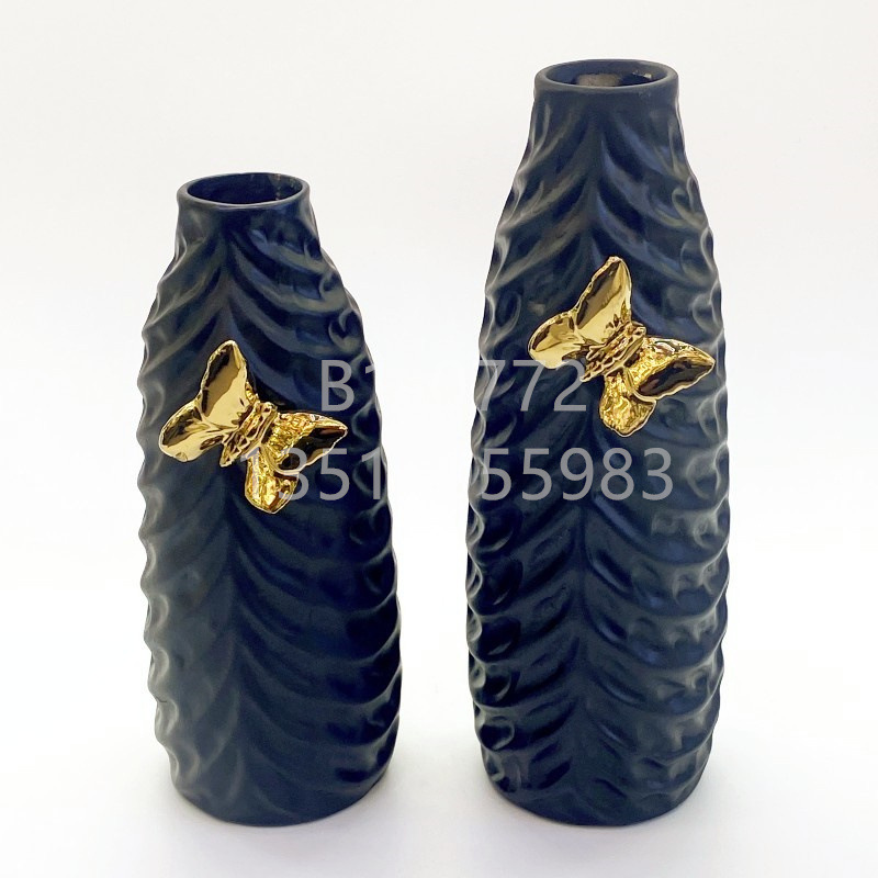 Modern Minimalist Ins Style Matte Black Golden Butterfly Leaf Pattern Vase Creative Ceramic Vase Geometric Flower Flower Container